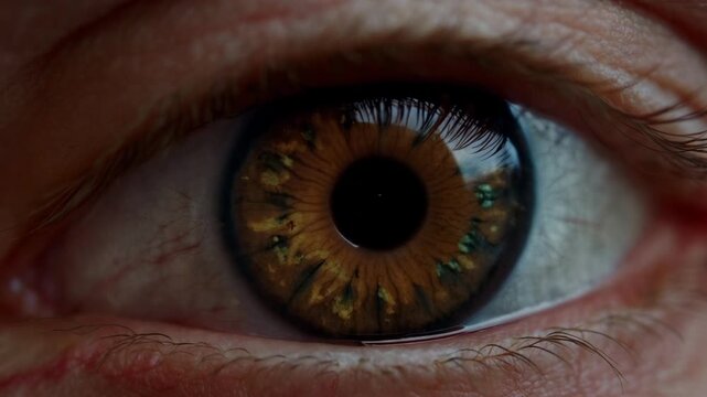 An extreme macro close-up of a human eye, showcasing the intricate details of the iris as the pupil dynamically dilates and constricts, revealing biological responses.