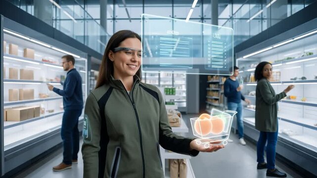 Woman using smart glasses for augmented reality grocery shopping. Customer interacting with holographic product list and virtual cart in futuristic retail environment
