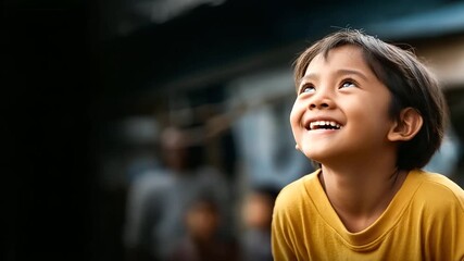 Happy youngster content brightly faceless child defocused front background community hope humanitarian aid charity help concept supporting providing access resources education