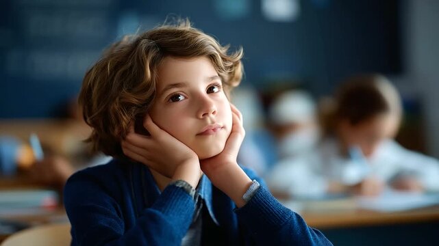 Bored elementary school student daydreaming in class faceless youngster defocused classroom background attention challenge scene educational environment moment learning engage