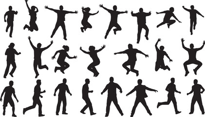 Fototapeta premium Set of jumping and active people silhouettes, happy human figures in dynamic poses like running, dancing and celebrating for sports graphics and success concepts.