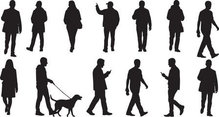 Set of casual people silhouettes walking and standing, human figures with dog and mobile phone for urban street scene, architectural rendering and site plan entourage. © NexThread