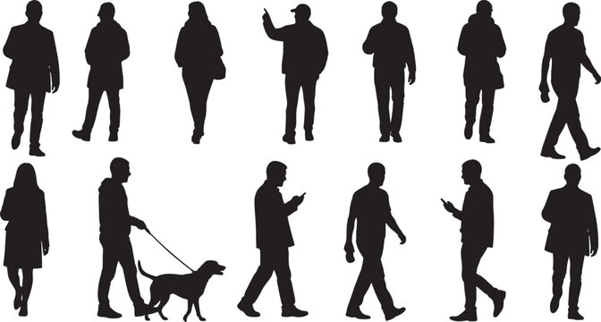 Set of casual people silhouettes walking and standing, human figures with dog and mobile phone for urban street scene, architectural rendering and site plan entourage.