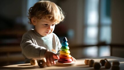 Cheerful toddler plays with colorful wooden pyramid and counting tool faceless youngster defocused sunlit room background educational toy scene developmental learning moment