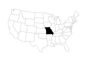 Fototapeta premium Missouri (MO) State Location Map - Vector A4 Locator Highlight - Black State on Continental US Outline - Transparent Background SVG for Business & Education