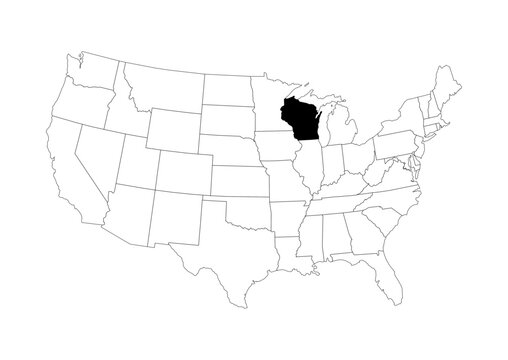 Wisconsin (WI) State Location Map - Vector A4 Locator Highlight - Black State on Continental US Outline - Transparent Background SVG for Business & Education