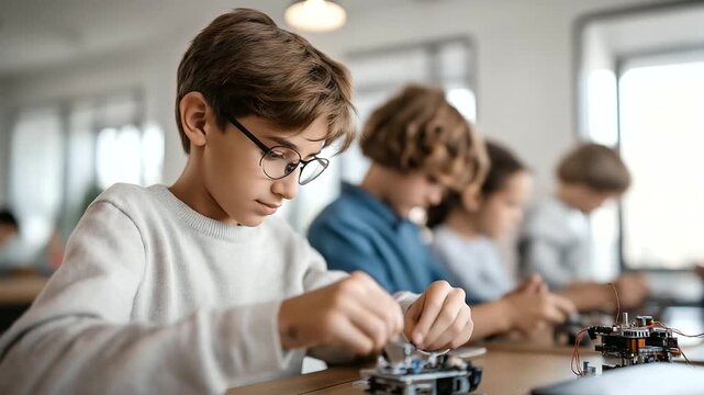 Collective of students engaged robotics project workshop faceless youngsters defocused learning background children build robots learning engineering coding skills collaborate