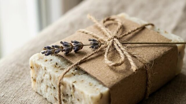 Handmade soap is resting on wooden table wrapped in brown paper and tied with twine. Lavender sprig adds touch of nature. Concept of personal care, handmade products, home decor