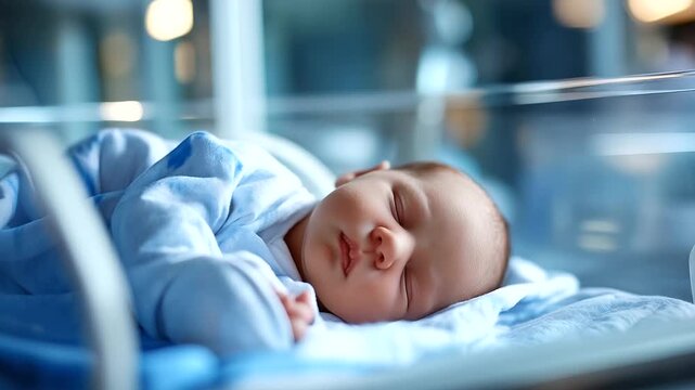 Newborn infant resting peacefully in medical incubator faceless baby defocused hospital background precious sleeps soundly inside protective equipment receiving care setting