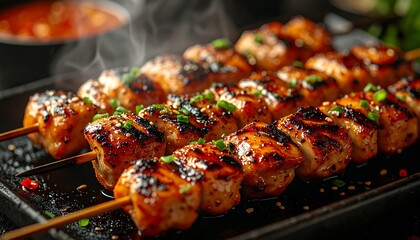 Yakitori Close-Up with Char Marks. Barbeque Skewers Close Up