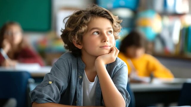 Bored elementary school student daydreaming in class faceless youngster defocused classroom background attention challenge scene educational environment moment learning engage