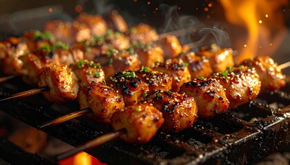 Grilled Mushroom and Chicken Yakitori. Barbeque Skewers Close Up