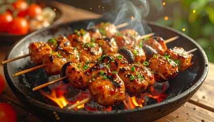 Grilled Mushroom and Chicken Yakitori. Barbeque Skewers Close Up