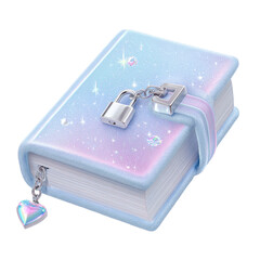 Pastel blue and pink diary with a shimmering cover,  lock,  and dangling heart charm. 