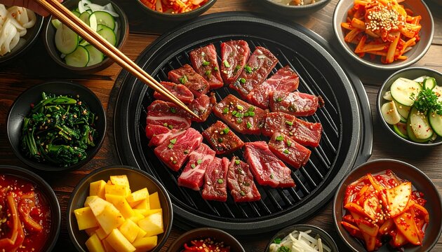 Korean BBQ Table Spread. Barbeque Skewers Close Up