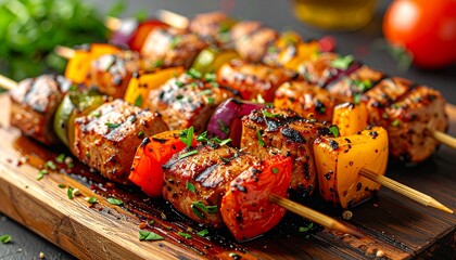 Grilled Skewers with Pickled Veggies. Barbeque Skewers Close Up