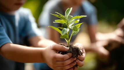 Authentic youngsters hands planting tree seedling faceless children defocused natural background environmental education inspiration family sustainability concept ecological