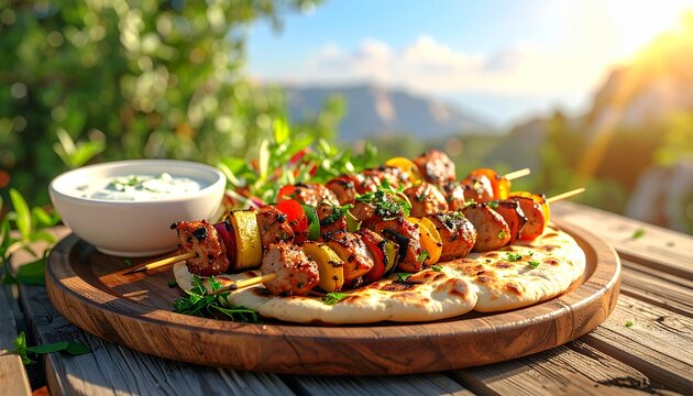 Outdoor Lebanese BBQ Feast. Barbeque Skewers Close Up