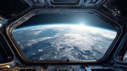 Space station window view with Earth's curvature and atmospheric glow