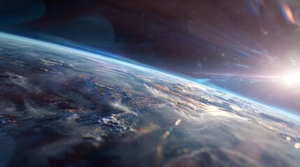 Space station window view with Earth's curvature and atmospheric glow