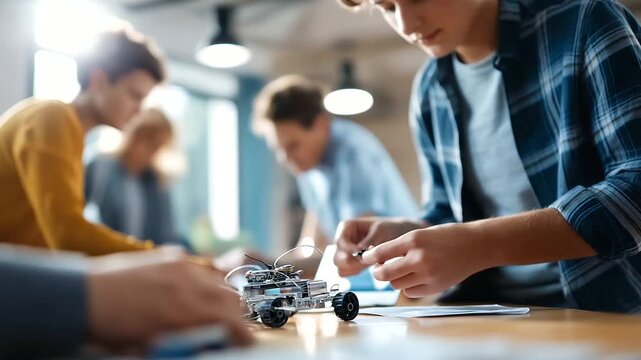 Collective of students engaged robotics project workshop faceless youngsters defocused learning background children build robots learning engineering coding skills collaborate