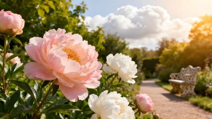 Peony flowers blooming in the park 