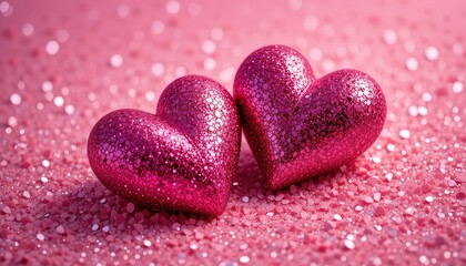 Fototapeta premium Two shiny hearts on pink glitter background for Valentine's Day
