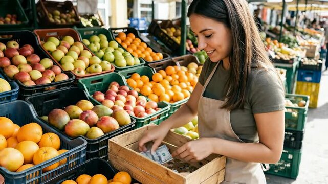 Young woman checks cash while surrounded by colorful fruits in market setting. Bright and lively atmosphere with various fruits on display. Concept of fresh produce, local business, grocery store