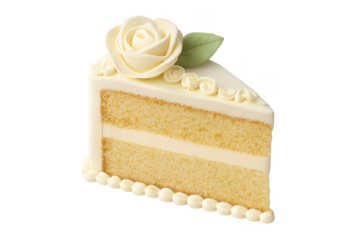 Vanilla cake slice with white rose frosting, transparent background
