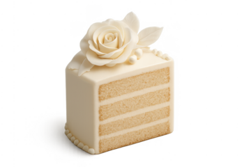 Wedding cake slice with white rose decoration