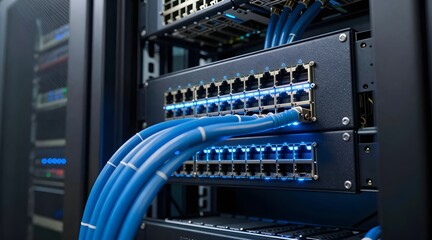 Close up of data center servers with network cables connected to ports