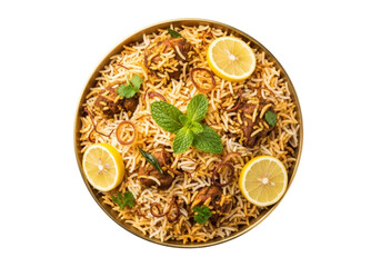 spiced lemon basmati rice with mint and fried onions in round serving dish