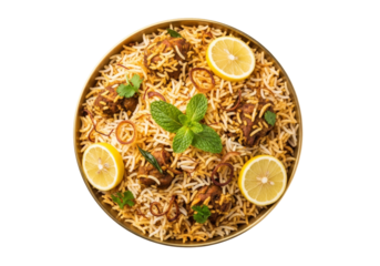 spiced lemon basmati rice with mint and fried onions in round serving dish