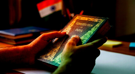 Hands holding the Constitution of India with Indian flag in background