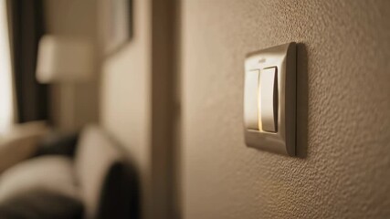 Hand reaches to press light switch, illuminating space. Room features soft lighting and cozy atmosphere. Concept of home automation, interior design, smart living