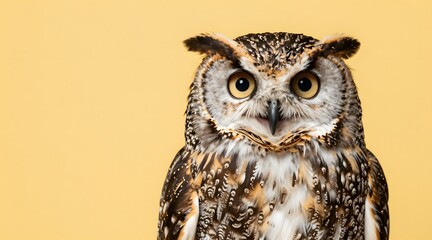 Captivating portrait of a great horned owl against a vibrant yellow background