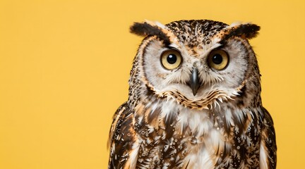 Fototapeta premium Striking portrait of a great horned owl against a solid yellow backdrop