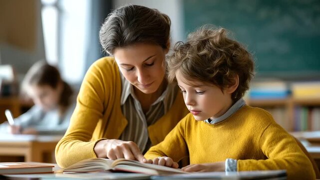 Educator helps young student reading book in classroom faceless teacher child defocused educational background pointing to page while youngster looks at words literacy instruct