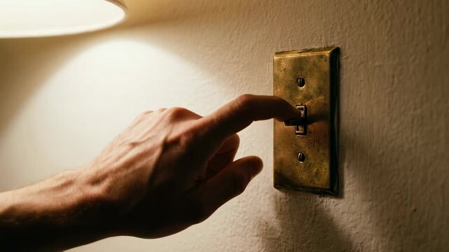 Hand flipping switch to turn light on in dim space. Brightness increases as lamp lights up. Concept of home lighting, interior design, home improvement