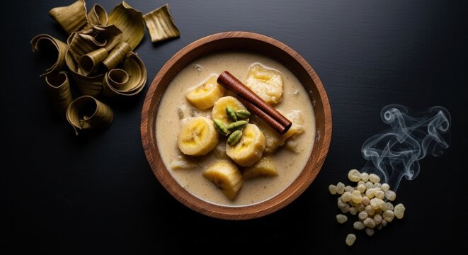 Creamy Savory Banana Stew in Coconut Sauce with Cinnamon and Cardamom in Rustic Bowl