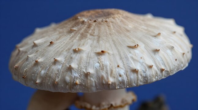 Close up of white dapperling mushroom with raised ornamentation on a blue background
