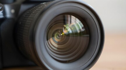 Close-up of a camera lens shows the glass elements and reflections in the glass surface