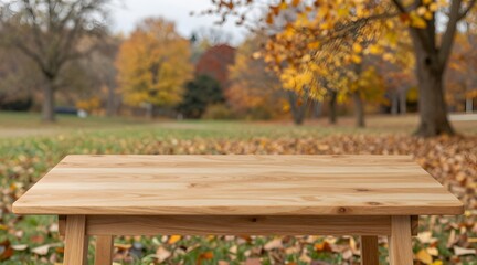 Wooden table stands in a park with trees showing their beautiful fall foliage
