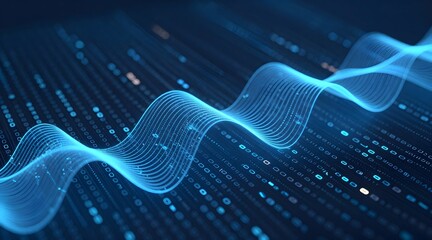 Abstract waveform of binary code flowing across a digital surface is visually represented