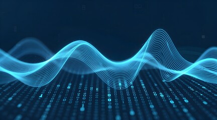 Abstract representation of data flow with binary code and smooth waves in shades of blue