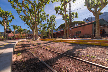 Obraz premium The train station in Soller Majorca Spain during the day. The train or tram takes you to the port of Soller or mainland Majorca.