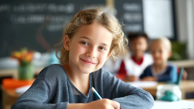 Happy young student sitting at desk writing in notebook in classroom faceless girl defocused educational background cute elementary school youngster learning doing homework cont