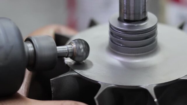Close-up of a technician's hands using a professional rotary burr die grinder to clean and finish a metal turbocharger turbine wheel in a mechanical workshop.