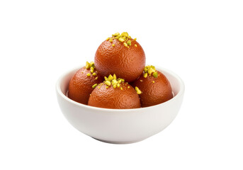 gulab jamun in white bowl with saffron and pistachio topping - traditional indian dessert
