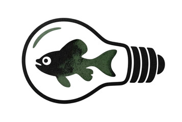 Creative green fish inside a lightbulb on white background
